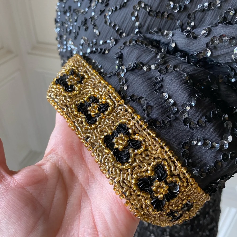 ❌SOLD❌ NWT VTG SCALA XXL FULLY SEQUIN BEADED EVENING BLOUSE BLACK AND GOLD PURE - Picture 4 of 11